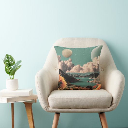Surreal Mountain Landscape with Planets and Clouds クッション (椅子)