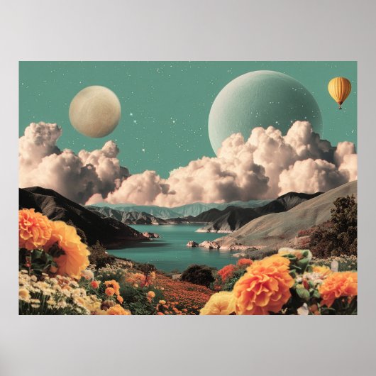 Surreal Mountain Landscape with Planets and Clouds ポスター (正面)