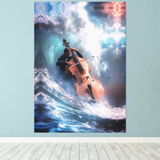 Surreal Music Man Playing Cello in Ocean Waves キャンバスプリント (インサイチュ (ウッドフロア))