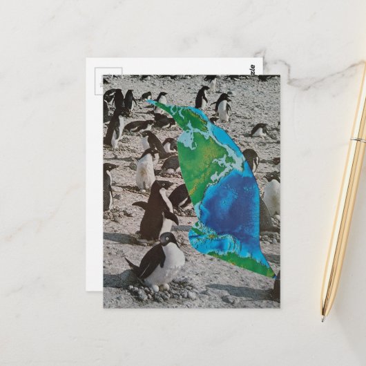 Surreal Penguins and Earth wildlife collage ポストカード (正面/裏面インサイチュ)