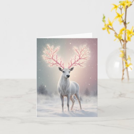 Surreal Pink Antler Reindeer Holiday Card カード (黄色い花)