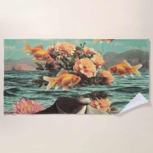 Surreal Portrait With Goldfish Flowers And Ocean ビーチタオル (正面)