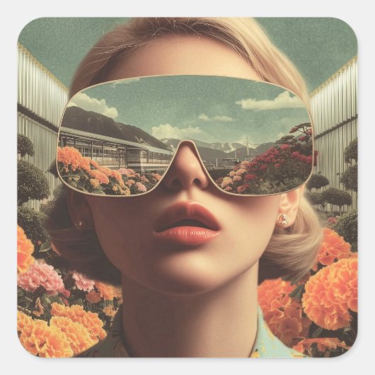 Surreal Portrait With Sunglasses Reflecting Flower スクエアシール (正面)
