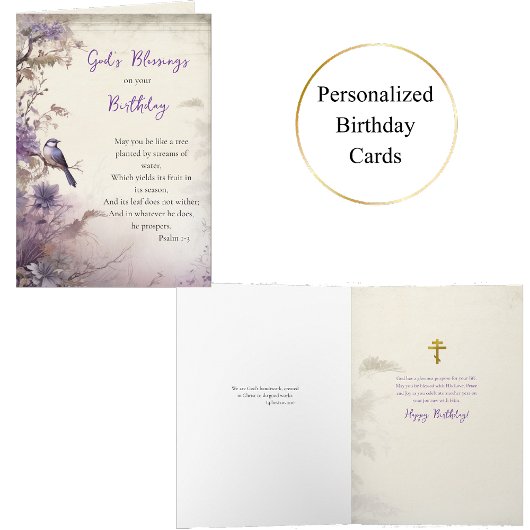 Surreal Purple Flowers Tree with Bird Birthday カード