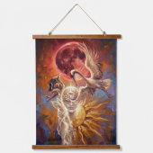Surreal Red Moon & Crane Canvas Art – Symbolic Fan 吊り下げ型タペストリー (正面)
