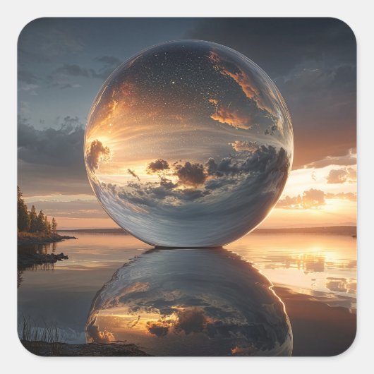 Surreal Reflective Sphere With Sunset Clouds Over  スクエアシール (正面)