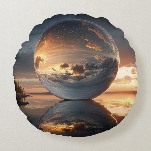 Surreal Reflective Sphere With Sunset Clouds Over  ラウンドクッション (正面)