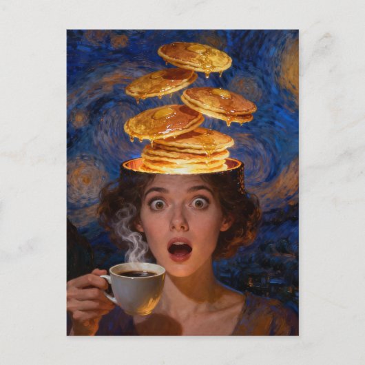 Surreal Surprised Breakfast Pancakes Coffee Woman  ポストカード (正面)