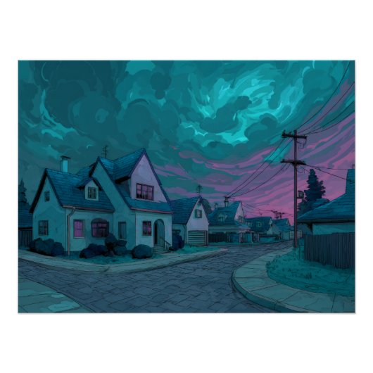 Surreal Teal Twilight Suburb Scene ポスター (正面)