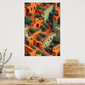 Surreal Terraced Village with Trees and Stairways ポスター (キッチン)