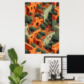 Surreal Terraced Village with Trees and Stairways ポスター (ホームオフィス)
