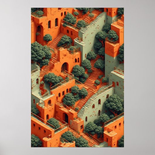 Surreal Terraced Village with Trees and Stairways ポスター (正面)