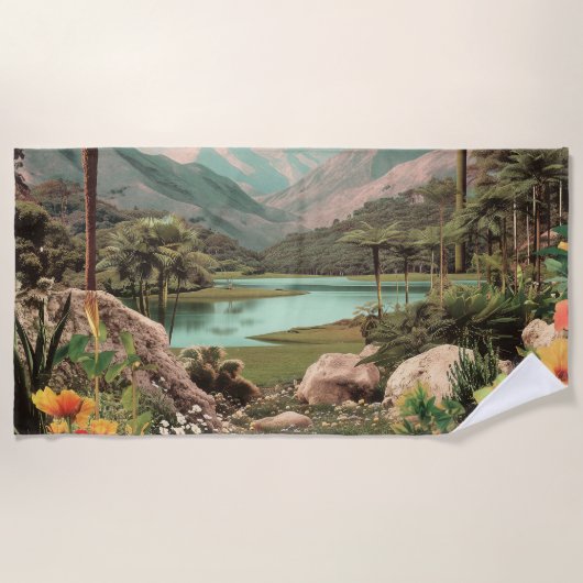 Surreal Tropical Lake With Palm Trees ビーチタオル (正面)