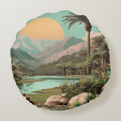 Surreal Tropical Lake With Palm Trees ラウンドクッション (裏面)