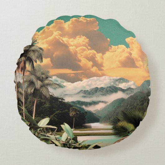 Surreal Tropical Valley With Palm Trees ラウンドクッション (正面)