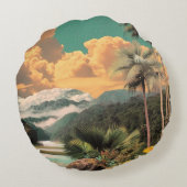 Surreal Tropical Valley With Palm Trees ラウンドクッション (裏面)