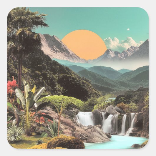 Surreal Tropical Valley With Waterfalls スクエアシール (正面)