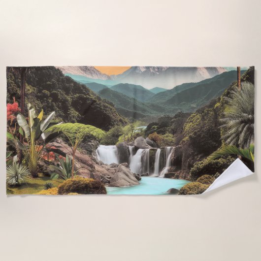 Surreal Tropical Valley With Waterfalls ビーチタオル (正面)