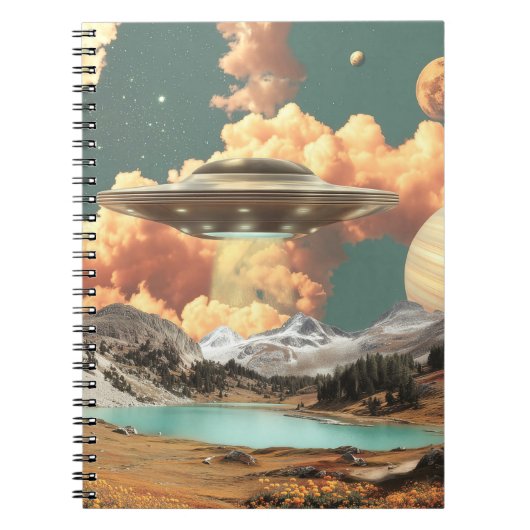 Surreal UFO Above Mountain Lake with Planets ノートブック (正面)