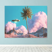 Surreal UFO and Palm Tree Mountain Scene キャンバスプリント (インサイチュ (ウッドフロア))
