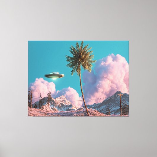 Surreal UFO and Palm Tree Mountain Scene キャンバスプリント (正面)
