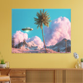 Surreal UFO and Palm Tree Mountain Scene キャンバスプリント (インサイチュ (リビング))