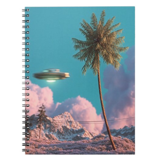 Surreal UFO and Palm Tree Mountain Scene ノートブック (正面)