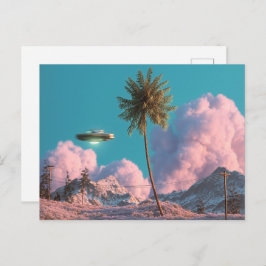 Surreal UFO and Palm Tree Mountain Scene ポストカード