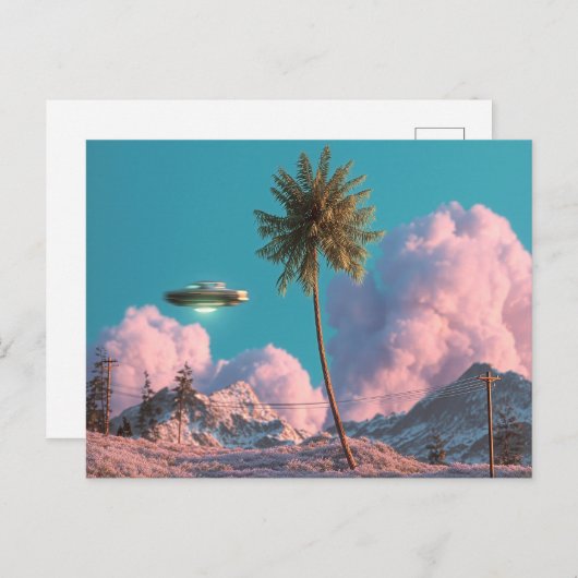 Surreal UFO and Palm Tree Mountain Scene ポストカード (正面/裏面)