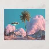 Surreal UFO and Palm Tree Mountain Scene ポストカード (正面)