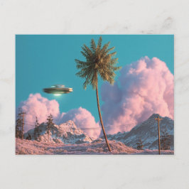 Surreal UFO and Palm Tree Mountain Scene ポストカード