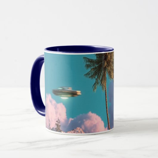 Surreal UFO and Palm Tree Mountain Scene マグカップ (正面左)
