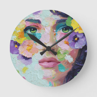 Surreal Woman Floral Eyes Petals Wind Wall Art ラウンド壁時計