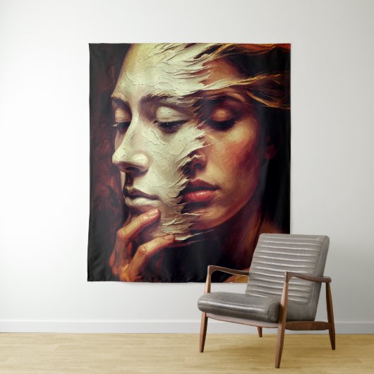 Surreal Woman Portrait with Painted Mask タペストリー (インサイチュ)