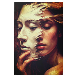 Surreal Woman Portrait with Painted Mask メタルプリント