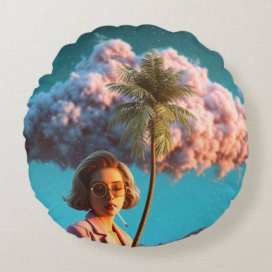 Surreal Woman with Palm Tree ラウンドクッション (正面)