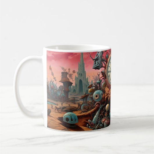 Surreal World Fantasy Landscape with old clock コーヒーマグカップ (左)