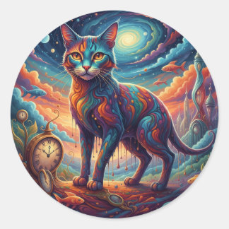 Surrealism Whimsical Time Travel Cat ラウンドシール