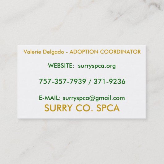 SURRY CO. SPCA、Valerie Delgado -採用COOR… 名刺 (正面)