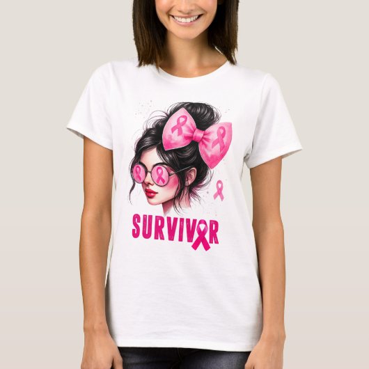 Survivor Breast Cancer Awareness Pink Messy Bun Gi Tシャツ (正面)