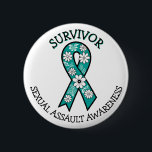 Survivor SA Teal Awareness Ribbon 缶バッジ<br><div class="desc">Button with a teal and white flowers Sexual Assault awareness ribbon. For those who have survived abuse and assault.</div>
