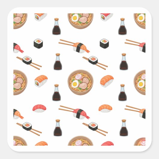 Sushi and Ramen Pattern Design Sticker スクエアシール (正面)
