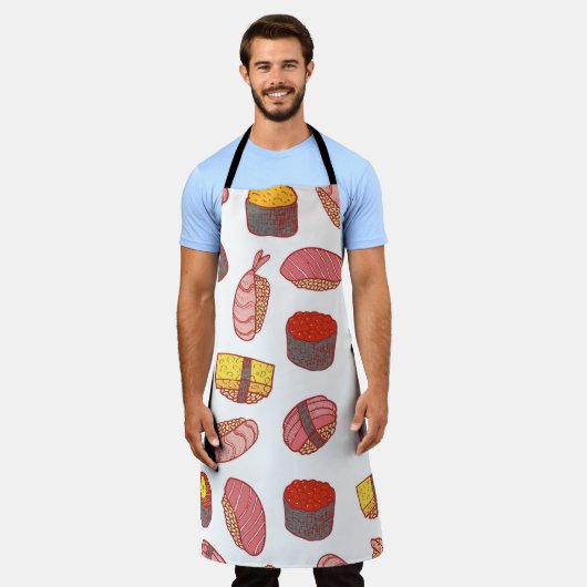 Sushi and rolls seamless pattern. Doodle cartoon c エプロン (着用した状態)