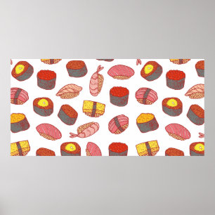 Sushi and rolls seamless pattern. Doodle cartoon c ポスター