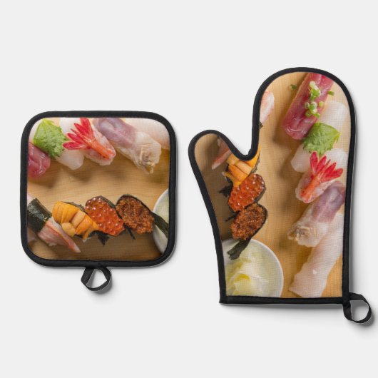 Sushi Arc Delight – Elegant Kitchen Duo 鍋つかみ&鍋敷きセット (正面)