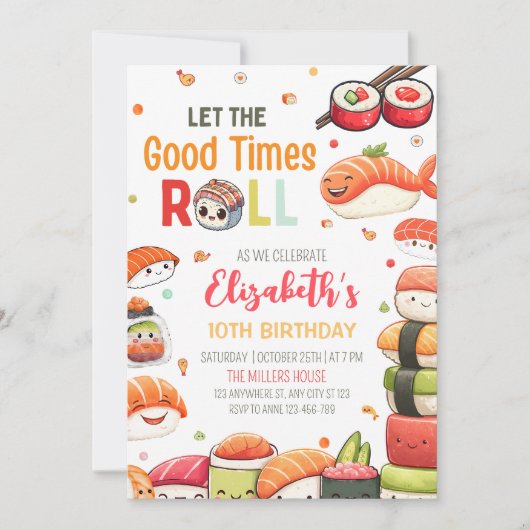 Sushi Birthday Invitation, Kawaii Sushi Birthday 招待状 (正面)