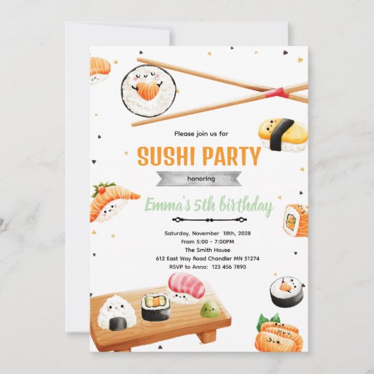 Sushi birthday kid party invitation 招待状 (正面)