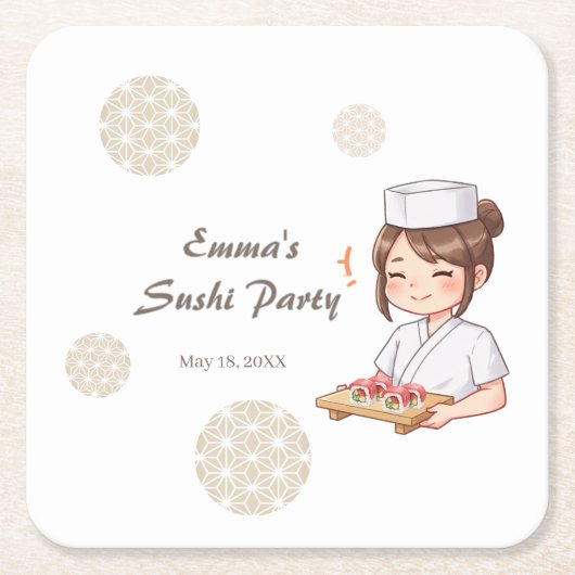 Sushi Birthday Party Invitation with Cute Anime スクエアペーパーコースター (正面)