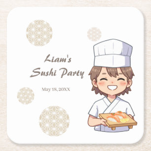 Sushi Birthday Party Invitation with Cute Anime  スクエアペーパーコースター