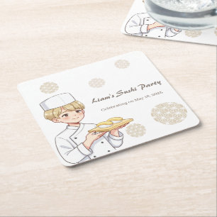 Sushi Birthday Party Invitation with Cute Anime  スクエアペーパーコースター